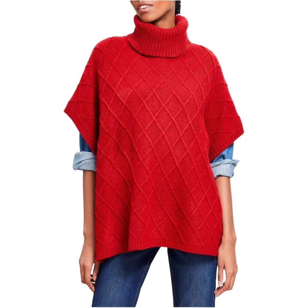 LOFT Women Wool Blend Lattice Cable‎ Turtleneck Poncho Sweater Brick Red M/L EUC